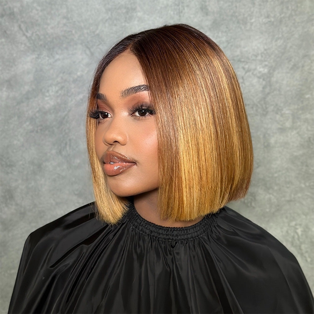 Ombre Honey Blonde With Brown Straight Bob Lace Wig