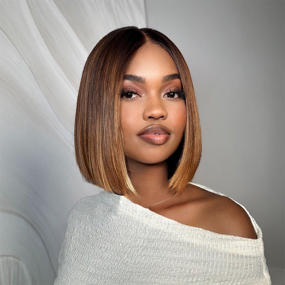 Ombre Honey Blonde With Brown Straight Bob Lace Wig