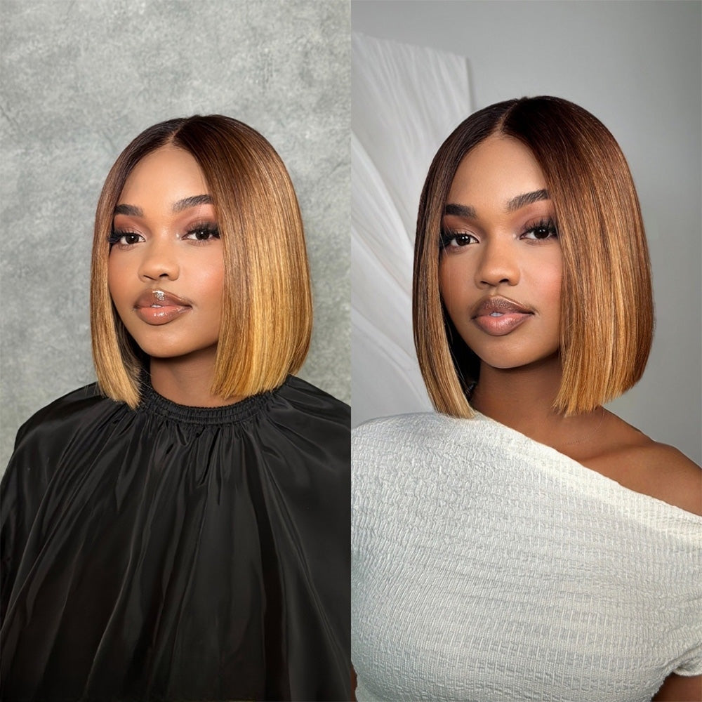 Ombre Honey Blonde With Brown Straight Bob Lace Wig