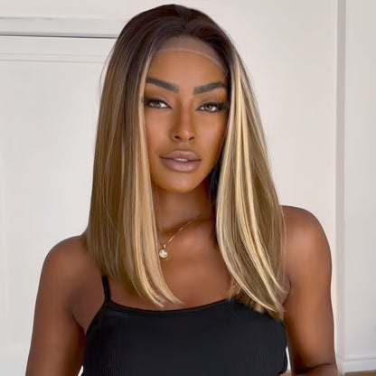 Brown Mix Blonde Highlight With Dark roots Lace Frontal Wig