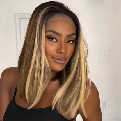 Brown Mix Blonde Highlight With Dark roots Lace Frontal Wig