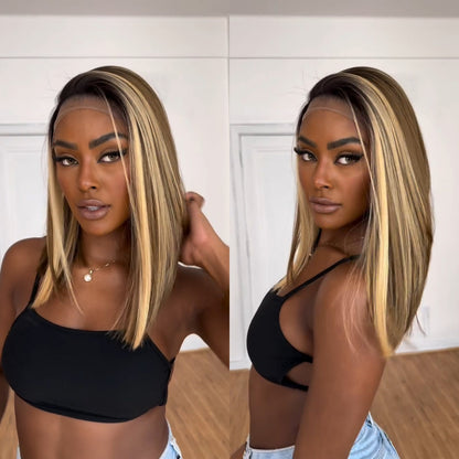 Brown Mix Blonde Highlight With Dark roots Lace Frontal Wig