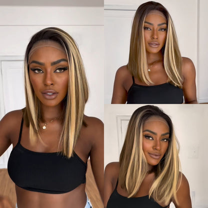 Brown Mix Blonde Highlight With Dark roots Lace Frontal Wig