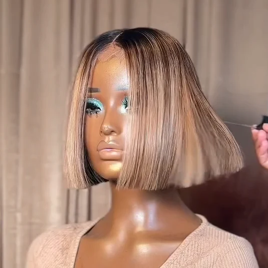 613 Ombre Blonde Highlight with Brown Blunt Cut Bob Glueless Closure Wig