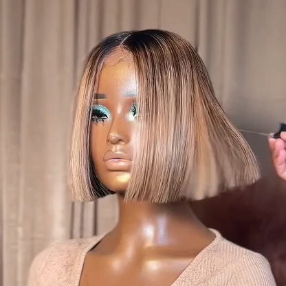 613 Ombre Blonde Highlight with Brown Blunt Cut Bob Glueless Closure Wig