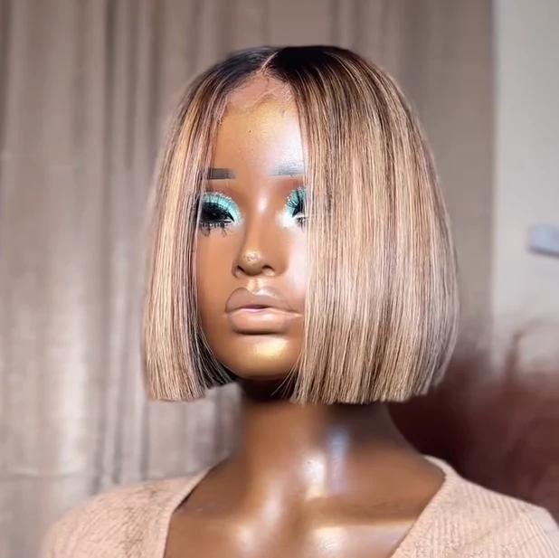 613 Ombre Blonde Highlight with Brown Blunt Cut Bob Glueless Closure Wig