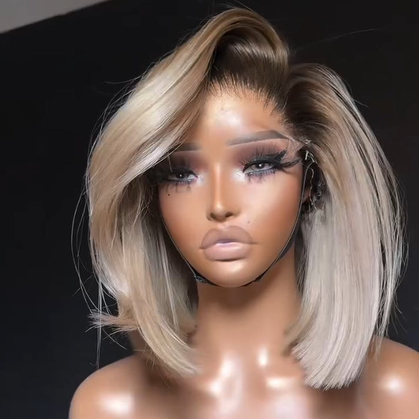 White Blonde With Dark Roots Side parted 13x4 Frontal Lace Wig