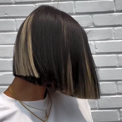 Black With Blonde Highlight Blunt Cut Bob Lace Closure Wig