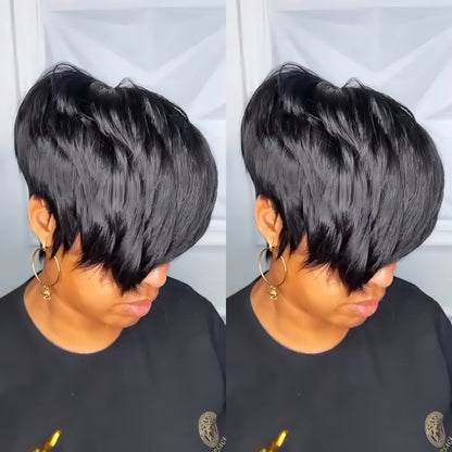 Short Pixie Cut With Long Bangs Glueless Natural Human Hair Wig