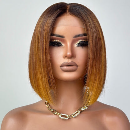 Ombre Honey Blonde With Brown Straight Bob Lace Wig