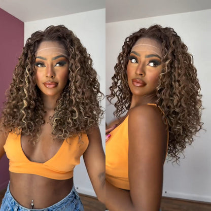 Brown With Blonde Highlight Lace Frontal Curly Wig