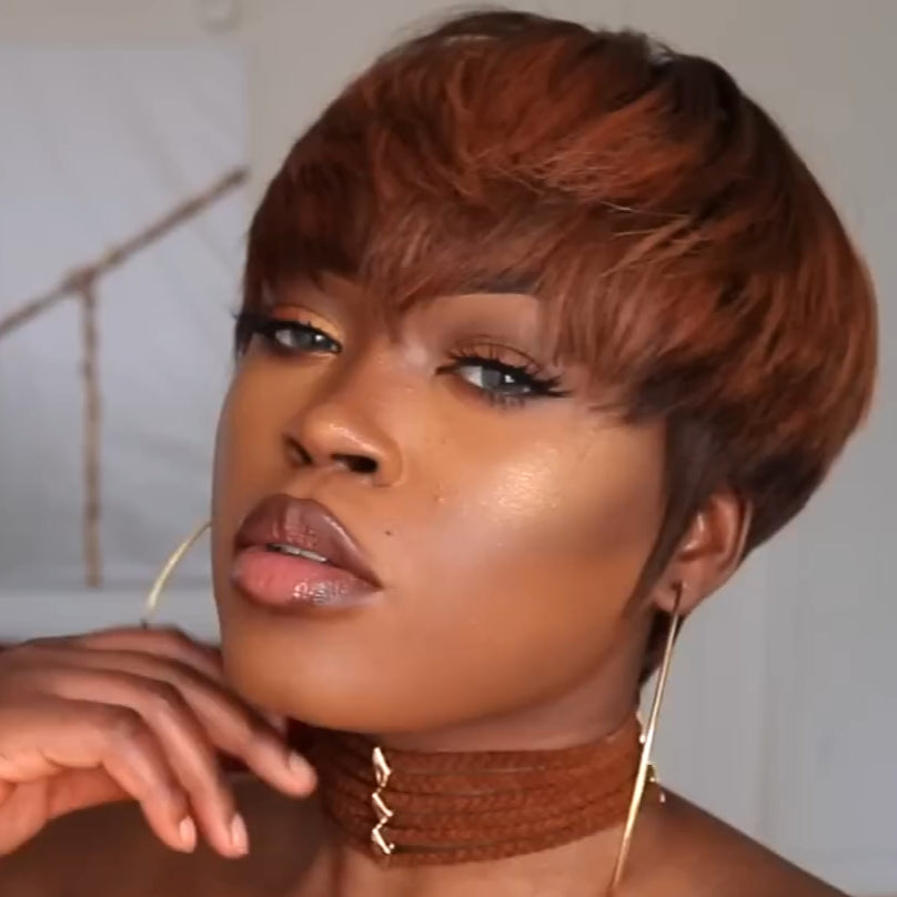 Brown With Ginger Highlight Short Pixie Cut Glueless Bangs Wig