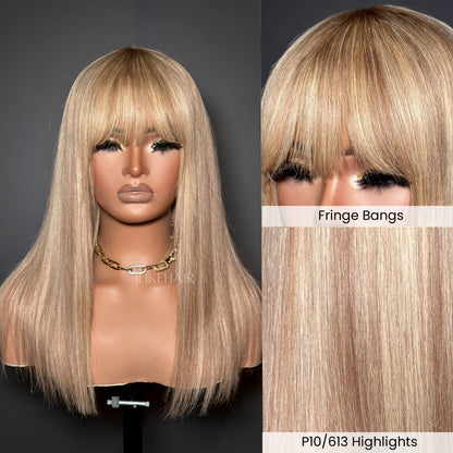 P10/613 Blonde Highlight Straight Glueless Human Hair Wig With Bangs