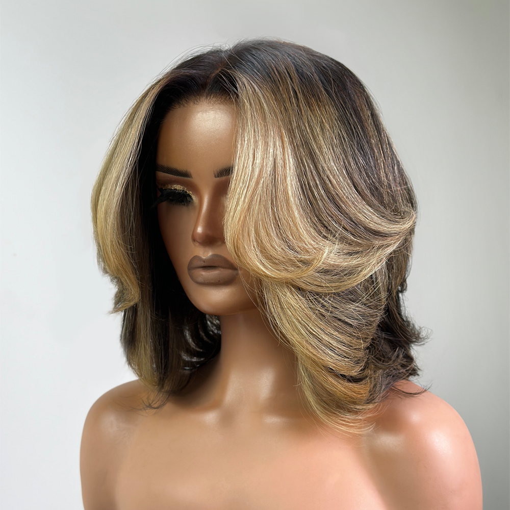 Blonde Highlight Layered Cut 5x5 Lace Closure Bob Wig