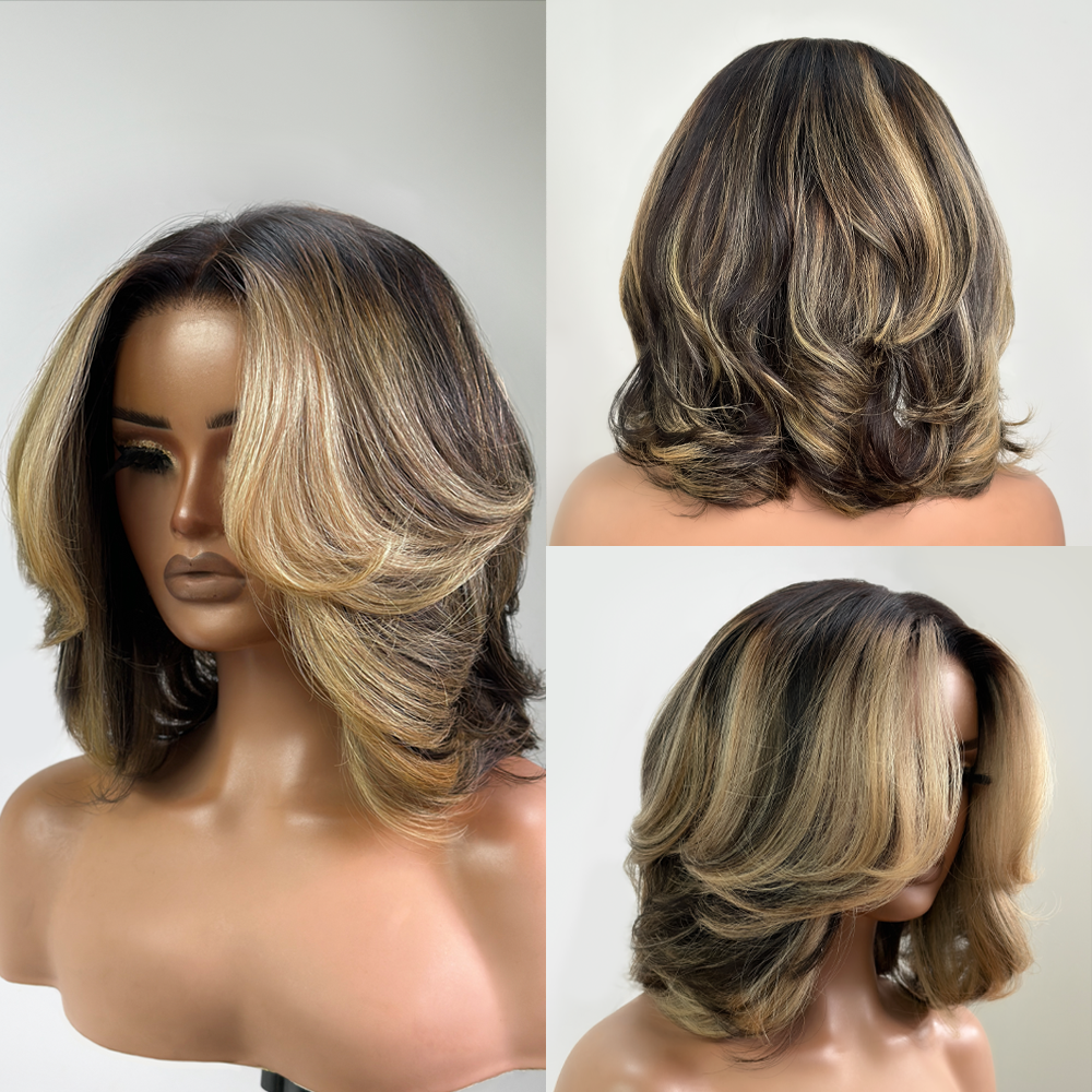 Blonde Highlight Layered Cut 5x5 Lace Closure Bob Wig