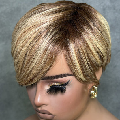 Blonde Highlight With Brown Short Pixie Cut Glueless Long Bangs Wig