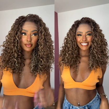 Brown With Blonde Highlight Lace Frontal Curly Wig