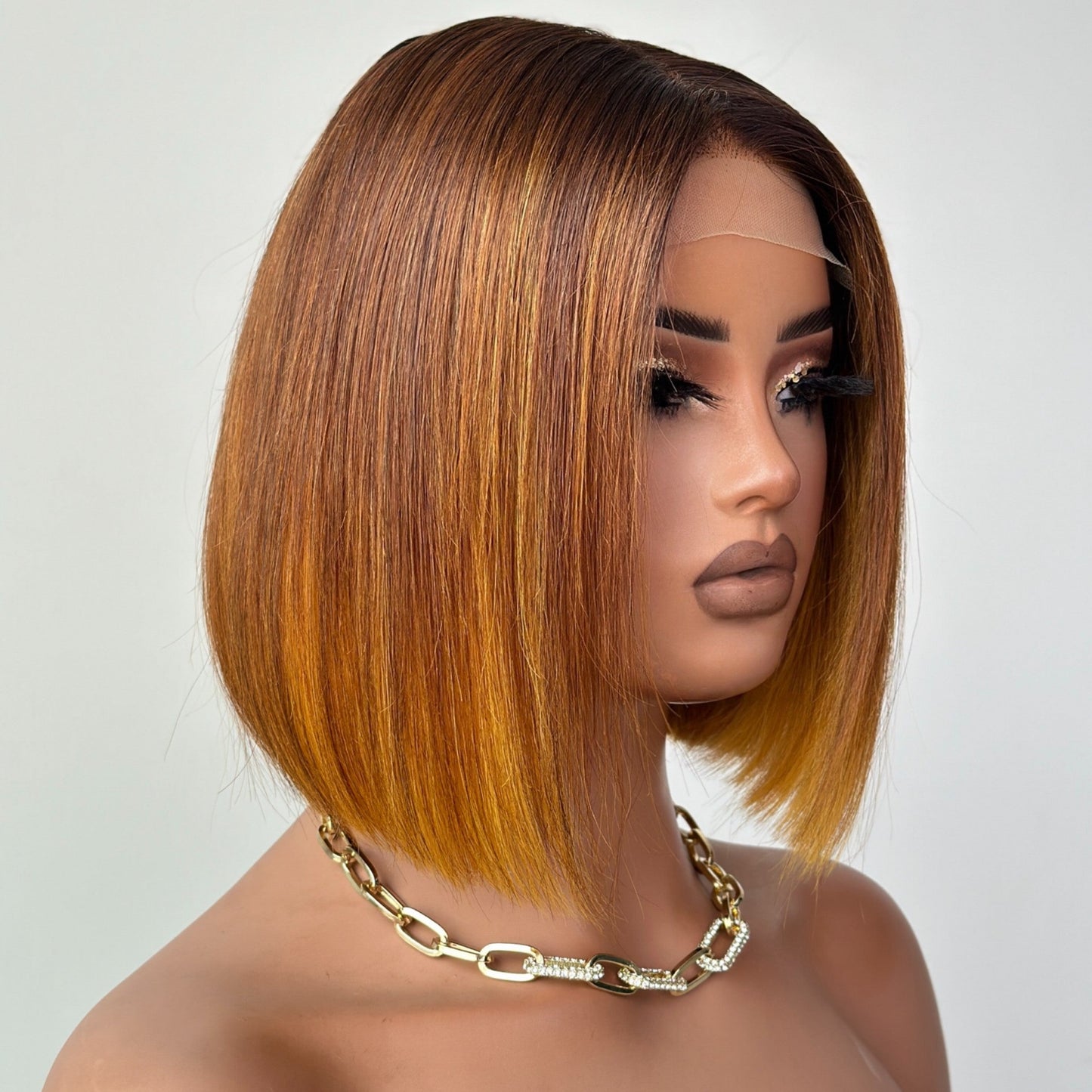 Ombre Honey Blonde With Brown Straight Bob Lace Wig