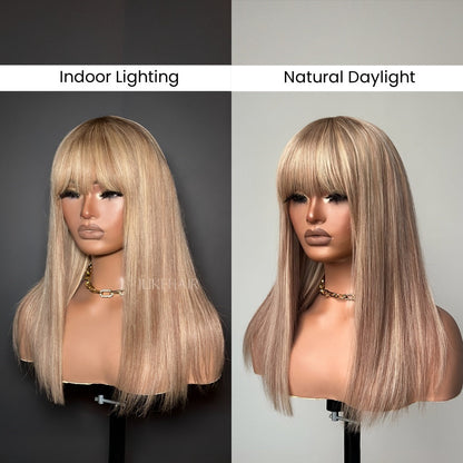 P10/613 Blonde Highlight Straight Glueless Human Hair Wig With Bangs
