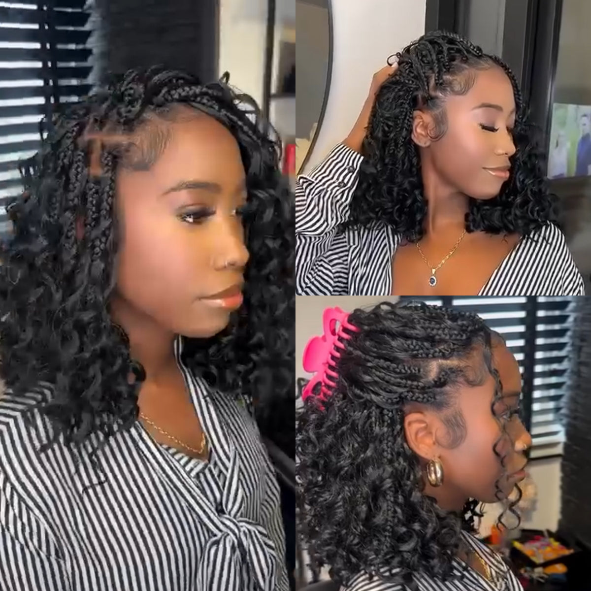 Full Lace Knotless Boho Curls Braided Invisi Drawstring Synthetic Bob Wig