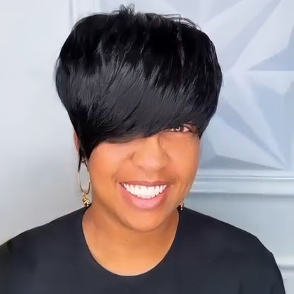 Short Pixie Cut With Long Bangs Glueless Natural Human Hair Wig