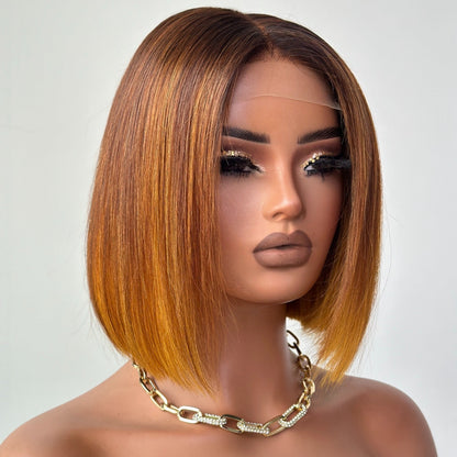 Ombre Honey Blonde With Brown Straight Bob Lace Wig
