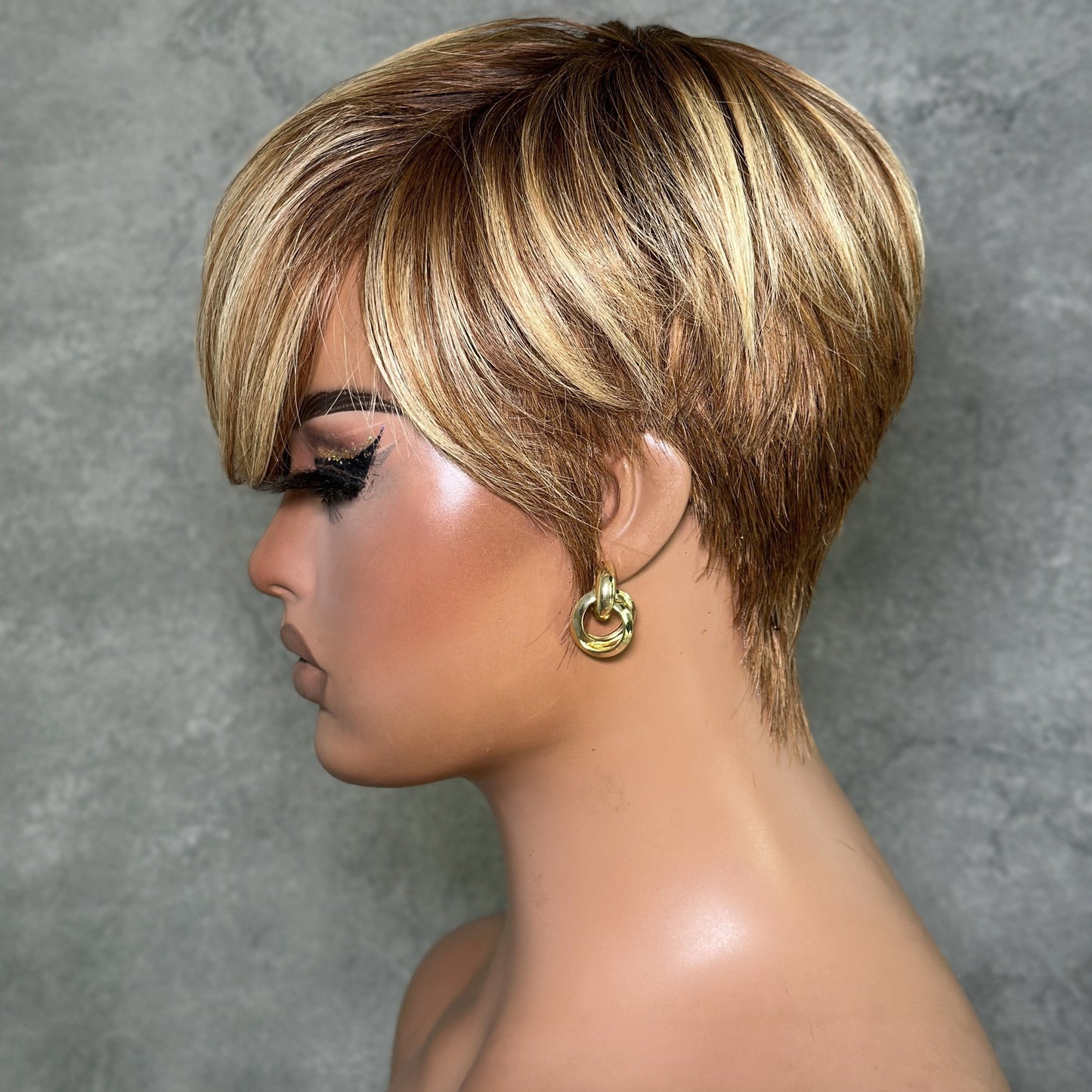 Blonde Highlight With Brown Short Pixie Cut Glueless Long Bangs Wig