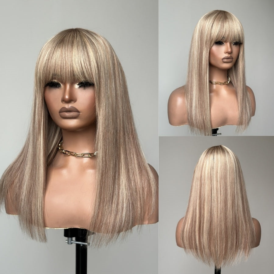 P10/613 Blonde Highlight Straight Glueless Human Hair Wig With Bangs