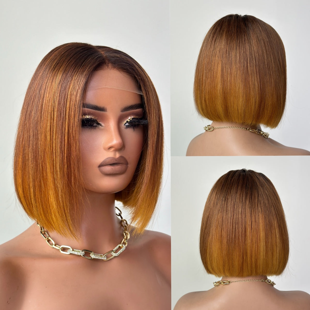 Ombre Honey Blonde With Brown Straight Bob Lace Wig
