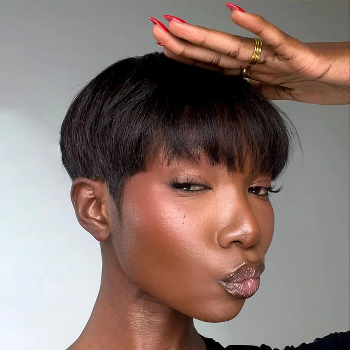 Put on & Go Natural Black Short Pixie Hair Bowler Cut Wig