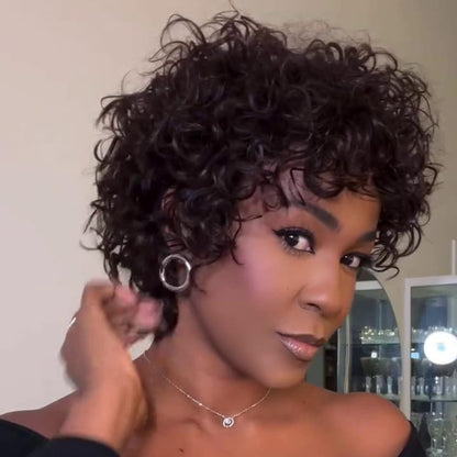 Put On & Go Short Curly Pixie Bob Wig 100% Human Hair