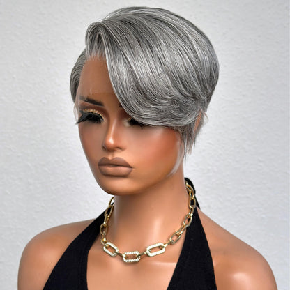 Salt And Pepper Side Part Pixie Cuts 13x4 Frontal Lace Wig