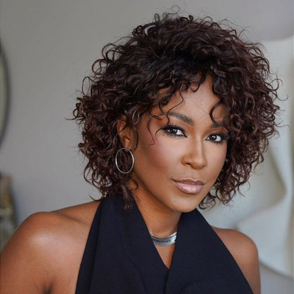 Put On & Go Red Brown/Black Fluffy Curly Bob Wig