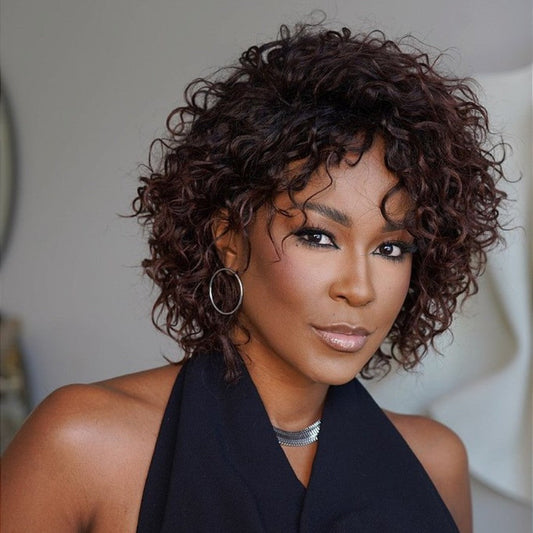 Put On & Go Red Brown/Black Fluffy Curly Bob Wig