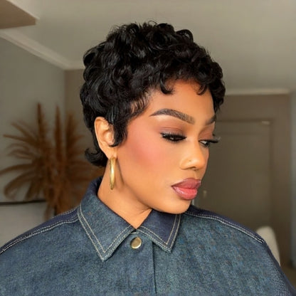 Full Lace Natural Black Short Curly Pixie Cut Wig