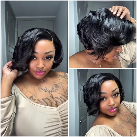 Natural Black Layered Fluffy Bob 13x4 Lace Frontal Glueless Wig