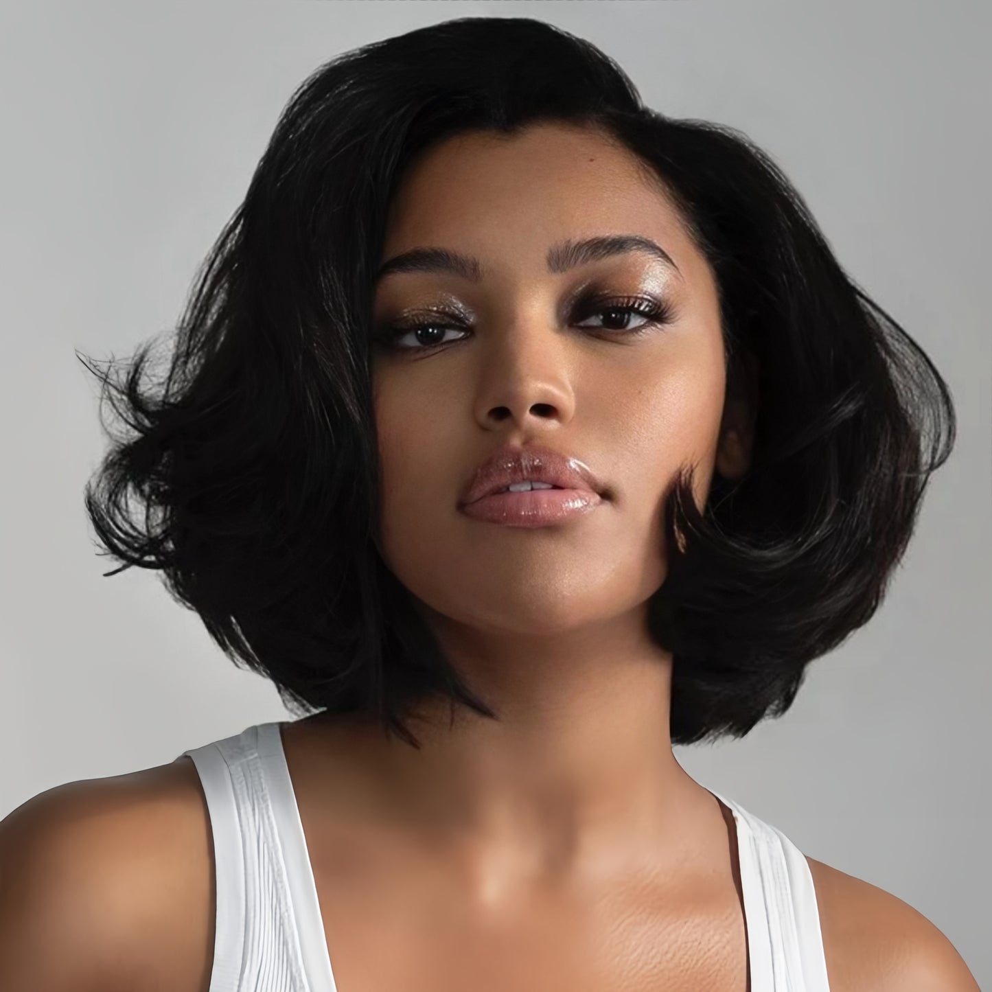 Natural Black Layered Fluffy Bob 13x4 Lace Frontal Glueless Wig