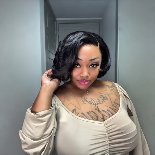Natural Black Layered Fluffy Bob 13x4 Lace Frontal Glueless Wig