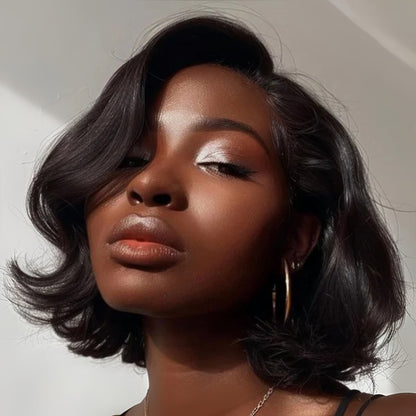Natural Black Layered Fluffy Bob 13x4 Lace Frontal Glueless Wig