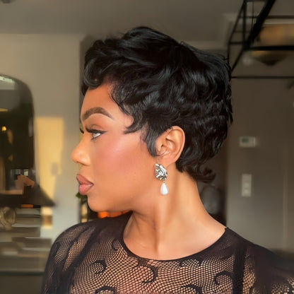 Full Lace Natural Black Short Curly Pixie Cut Wig