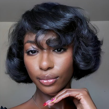 Natural Black Layered Fluffy Bob 13x4 Lace Frontal Glueless Wig