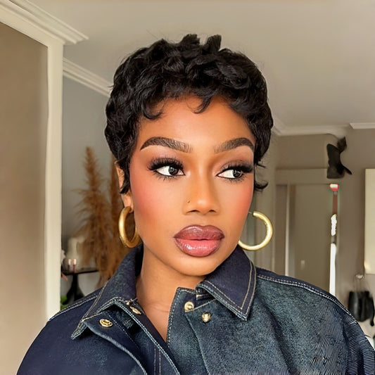 Full Lace Natural Black Short Curly Pixie Cut Wig