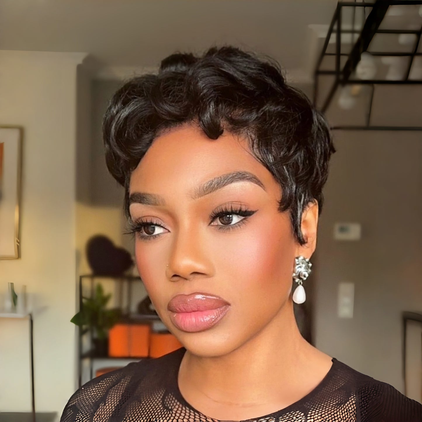 Full Lace Natural Black Short Curly Pixie Cut Wig
