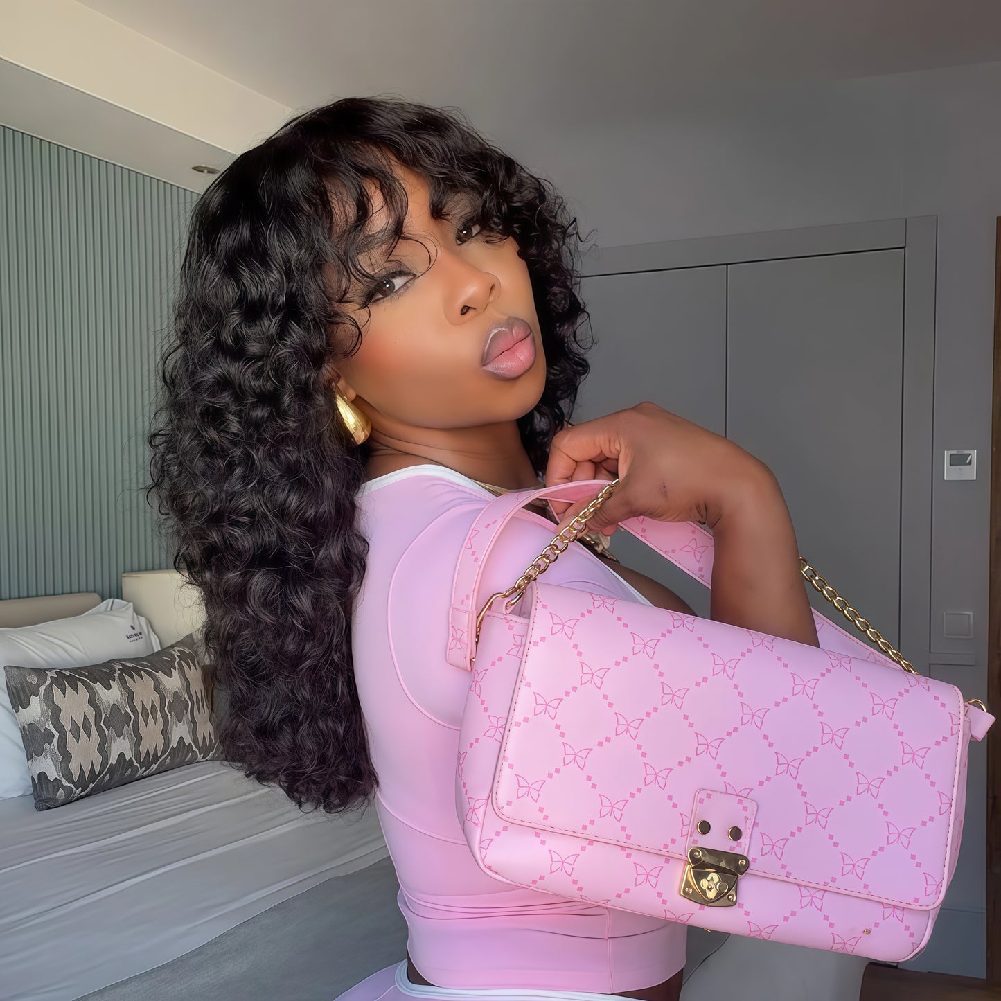 Glueless Curly Wig with Bangs 100% Human Hair Wigs