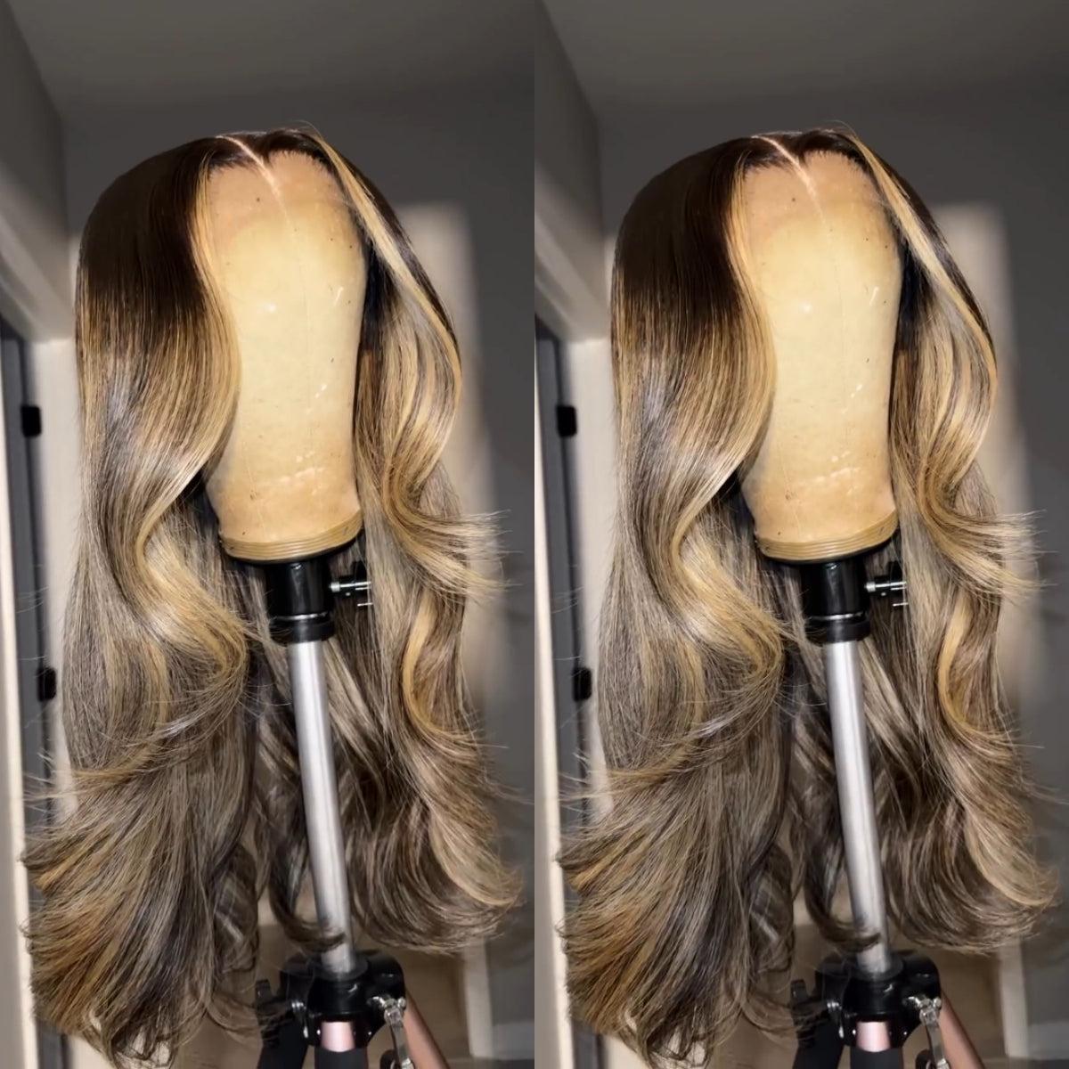 Ombre Highlight Blonde Layered Wavy Middle Part Lace Front Wig