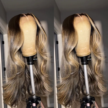 Ombre Highlight Blonde Layered Wavy Middle Part Lace Front Wig