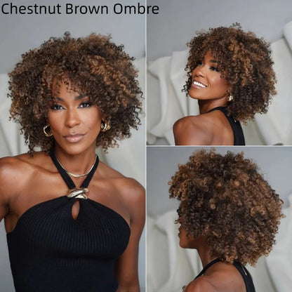 Put On & Go Voluminous Afro Kinky Curly Bob Wig 100% Human Hair
