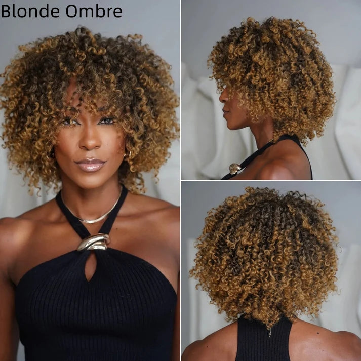 Put On & Go Voluminous Afro Kinky Curly Bob Wig 100% Human Hair