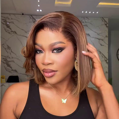 Dark Brown Blonde Highlighted Side Parted Curls Bob 13×4 Lace Frontal Wig