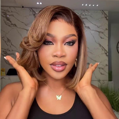 Dark Brown Blonde Highlighted Side Parted Curls Bob 13×4 Lace Frontal Wig
